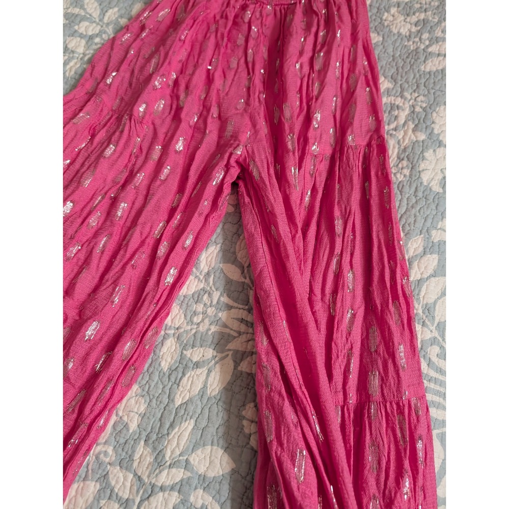 Beach Bunny Pink Metallic Shimmer‎ Wide Leg Tiered Jumpsuit Womens Small Boho - Picture 3 of 11